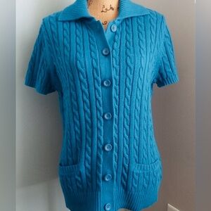 VINTAGE 90s Y2K L.L. BEAN Cable Knit 100% Button Down Blue Cardigan Medium